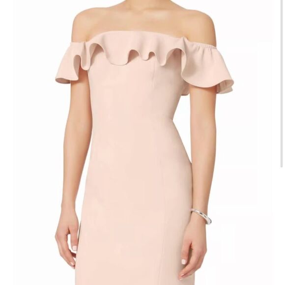 JAY GODFREY Rollins Off Shoulder Midi Blush Nude Dress Ruffle Size - Picture 12 of 13